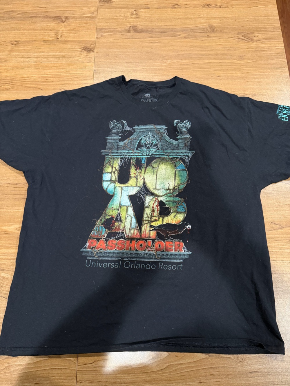 Universal Black 'Passholder' Halloween Graphic Tee with Multicolor Print